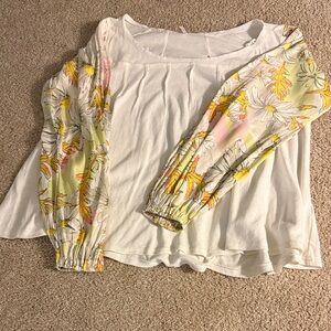 Free People White Blouse with Floral Sleeves